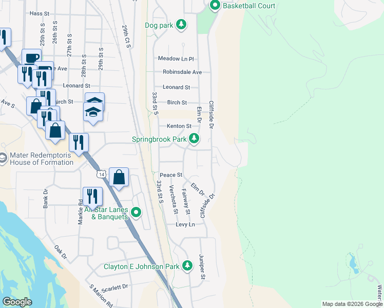 map of restaurants, bars, coffee shops, grocery stores, and more near 3805 Elm Drive in La Crosse