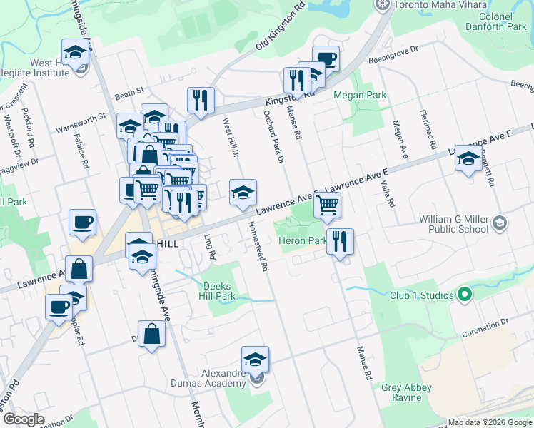 map of restaurants, bars, coffee shops, grocery stores, and more near 4277 Lawrence Avenue East in Toronto