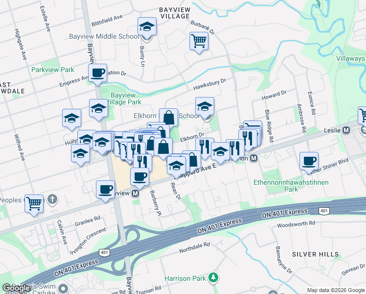 map of restaurants, bars, coffee shops, grocery stores, and more near 670 Sheppard Avenue East in Toronto