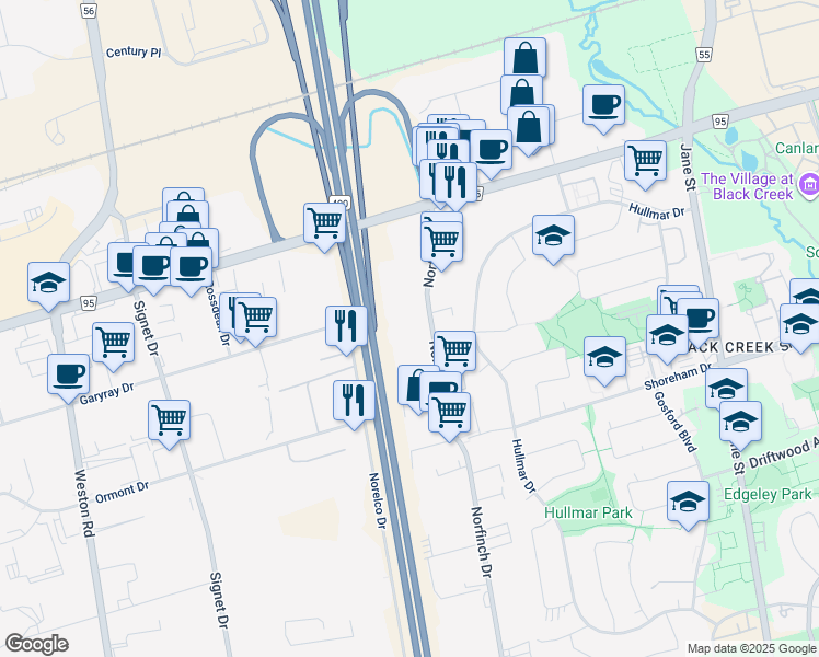 map of restaurants, bars, coffee shops, grocery stores, and more near 370 Norfinch Drive in Toronto
