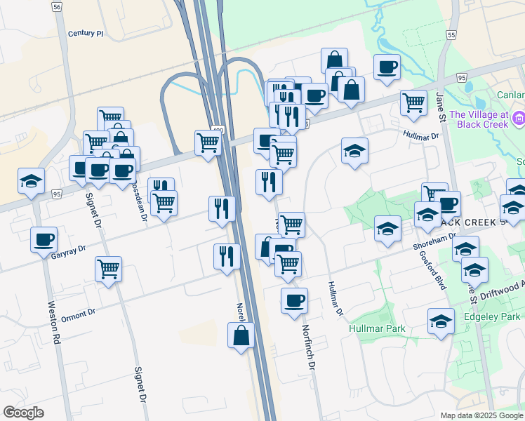 map of restaurants, bars, coffee shops, grocery stores, and more near 370 Norfinch Drive in Toronto