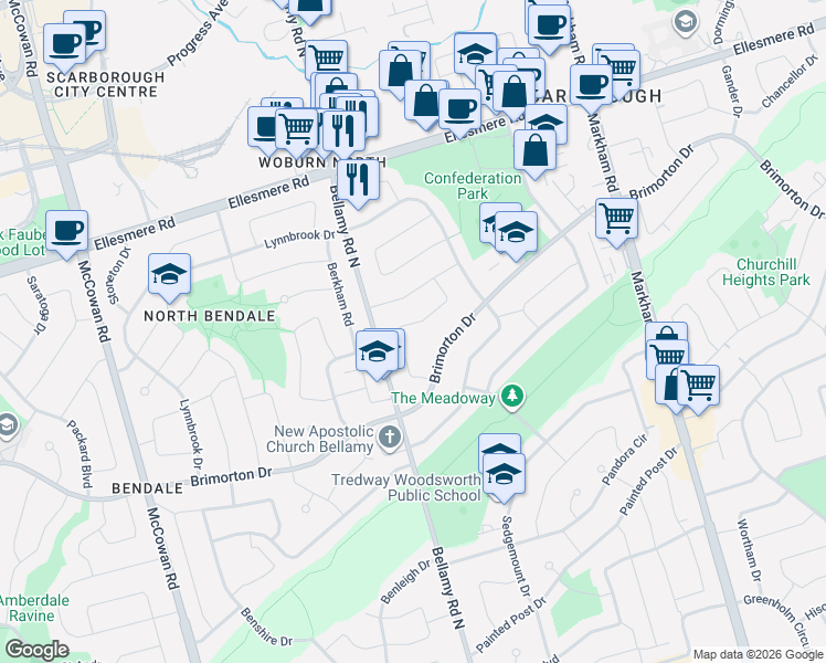 map of restaurants, bars, coffee shops, grocery stores, and more near in Toronto