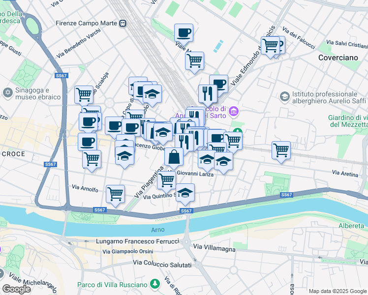 map of restaurants, bars, coffee shops, grocery stores, and more near 21 Piazza Leon Battista Alberti in Florence