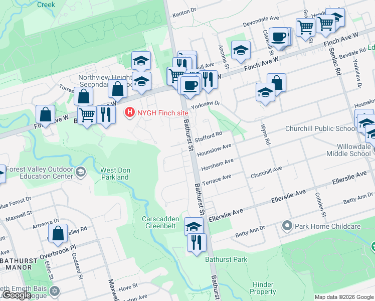 map of restaurants, bars, coffee shops, grocery stores, and more near in Toronto