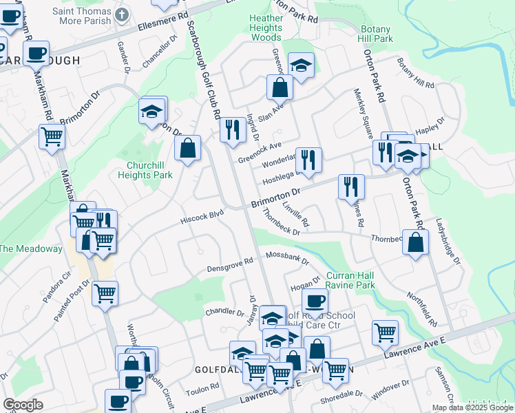 map of restaurants, bars, coffee shops, grocery stores, and more near 853 Brimorton Drive in Toronto
