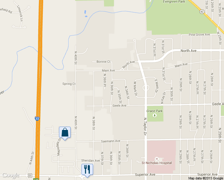 map of restaurants, bars, coffee shops, grocery stores, and more near 2325 North 36th Street in Sheboygan