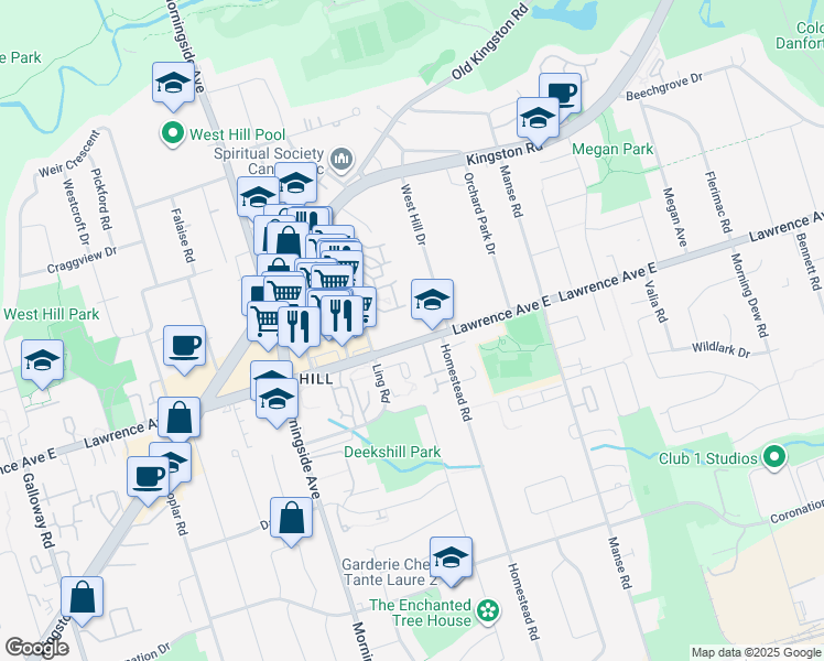 map of restaurants, bars, coffee shops, grocery stores, and more near 4254 Lawrence Avenue East in Toronto