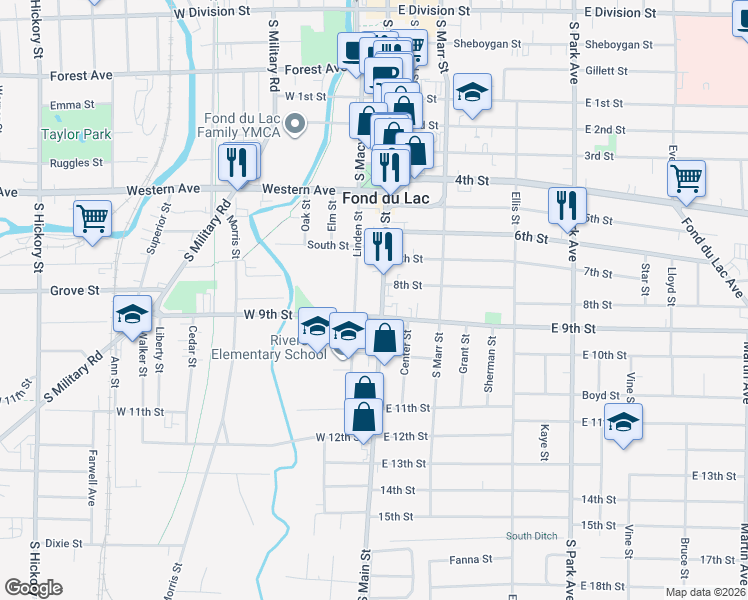 map of restaurants, bars, coffee shops, grocery stores, and more near 326 South Main Street in Fond du Lac