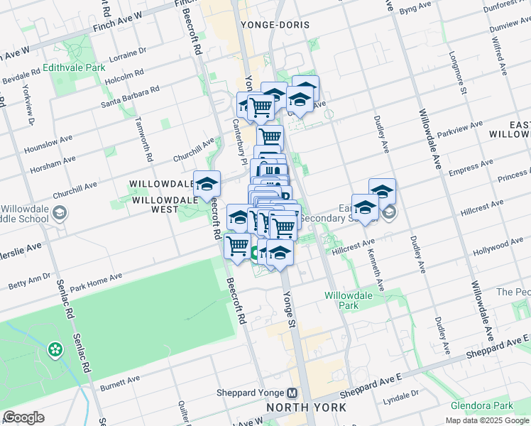 map of restaurants, bars, coffee shops, grocery stores, and more near 5168 Yonge Street in Toronto