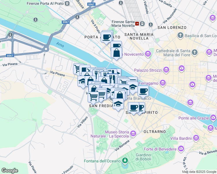 map of restaurants, bars, coffee shops, grocery stores, and more near 103 Borgo San Frediano in Firenze