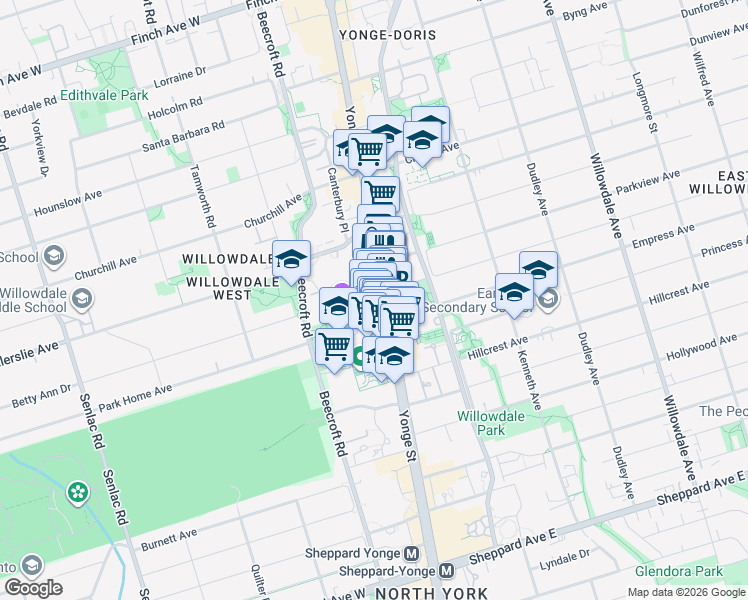 map of restaurants, bars, coffee shops, grocery stores, and more near 5168 Yonge Street in Toronto