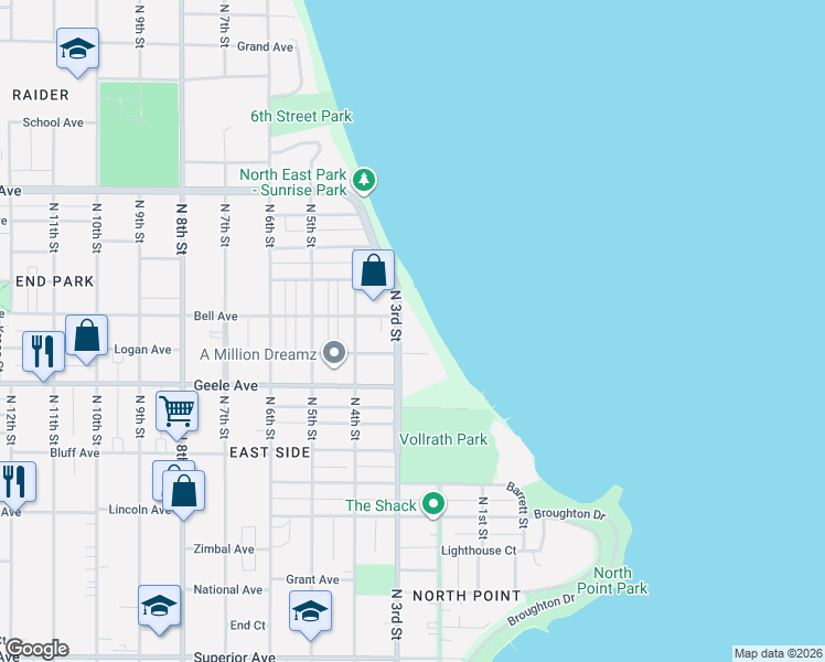 map of restaurants, bars, coffee shops, grocery stores, and more near 2319 N 3rd St in Sheboygan