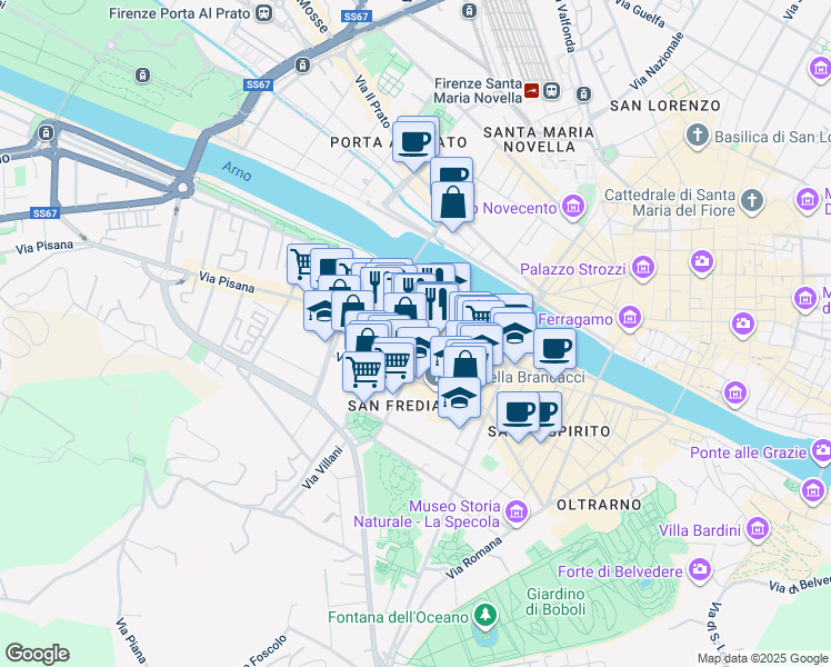 map of restaurants, bars, coffee shops, grocery stores, and more near 103 Borgo San Frediano in Firenze