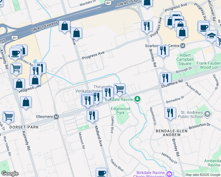 map of restaurants, bars, coffee shops, grocery stores, and more near 1220 Ellesmere Road in Toronto