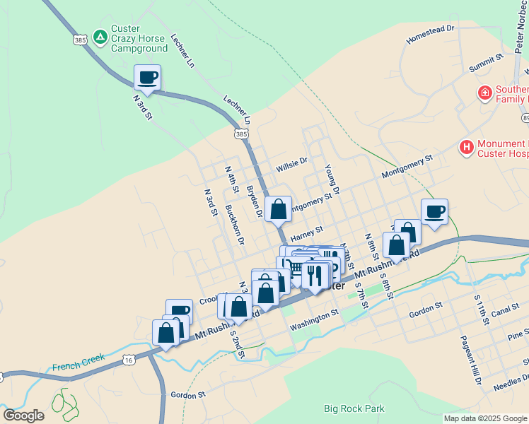 map of restaurants, bars, coffee shops, grocery stores, and more near 300-326 North 5th Street in Custer