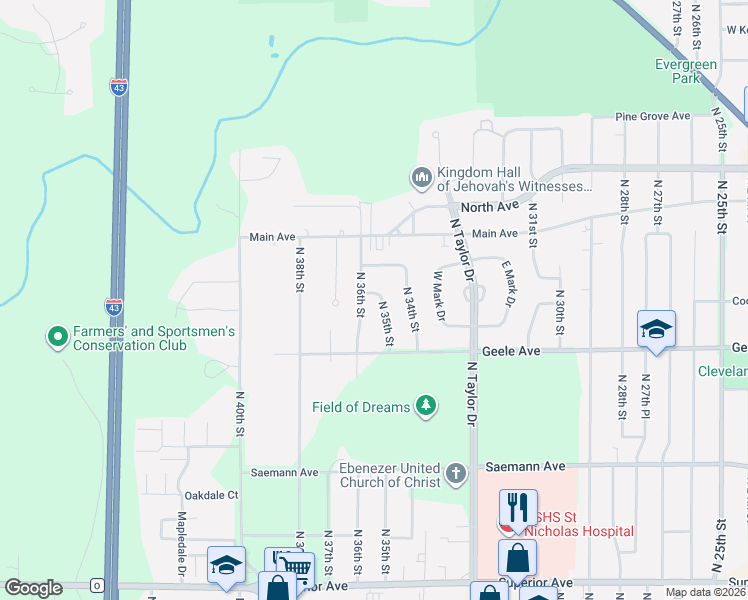map of restaurants, bars, coffee shops, grocery stores, and more near 2325 North 36th Street in Sheboygan
