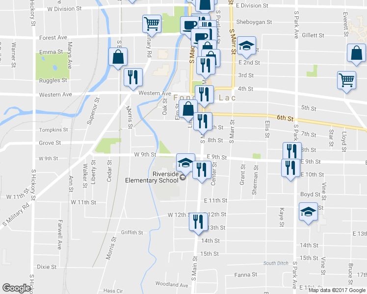 map of restaurants, bars, coffee shops, grocery stores, and more near 330 Linden Street in Fond du Lac