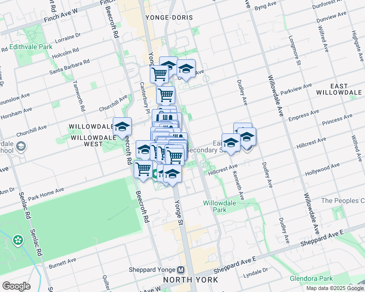 map of restaurants, bars, coffee shops, grocery stores, and more near 28 Empress Avenue in Toronto