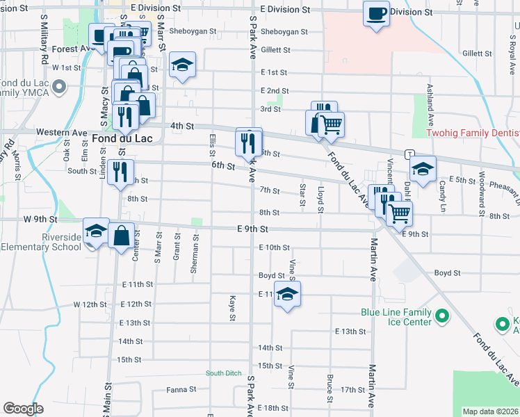 map of restaurants, bars, coffee shops, grocery stores, and more near 221 8th Street in Fond du Lac