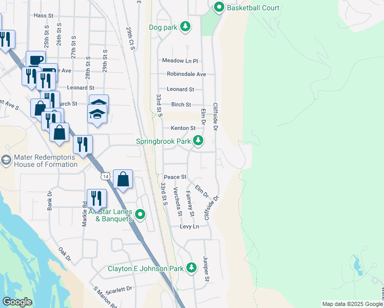 map of restaurants, bars, coffee shops, grocery stores, and more near 3805 Elm Drive in La Crosse