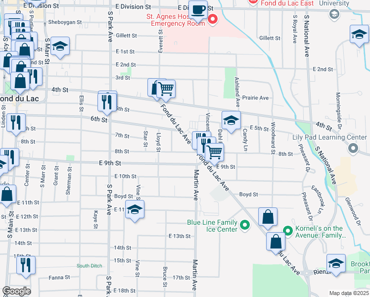 map of restaurants, bars, coffee shops, grocery stores, and more near 373 8th St in Fond du Lac