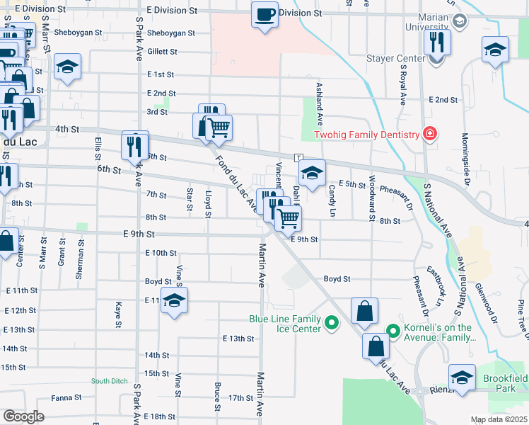 map of restaurants, bars, coffee shops, grocery stores, and more near 351 Fond du Lac Avenue in Fond du Lac
