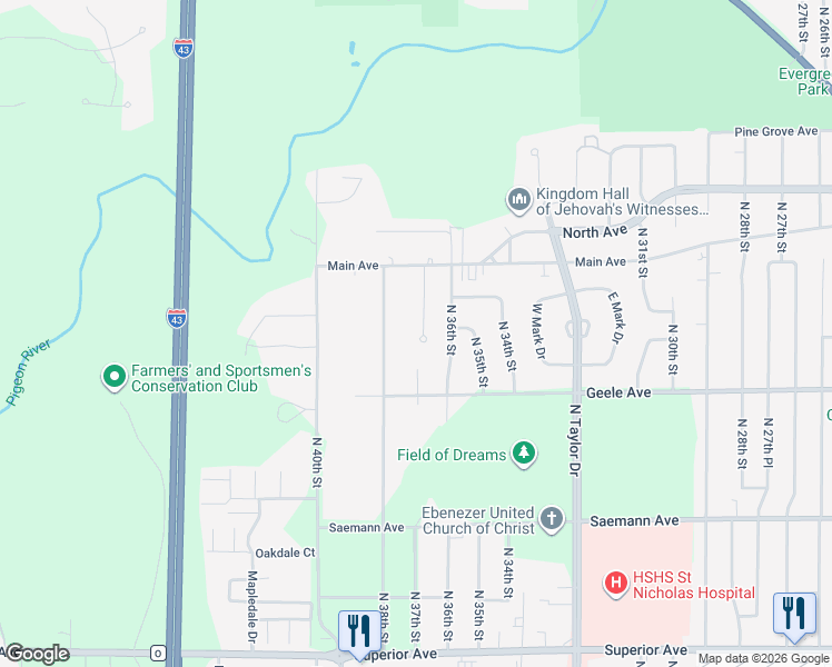 map of restaurants, bars, coffee shops, grocery stores, and more near 2314 North 36th Place in Sheboygan