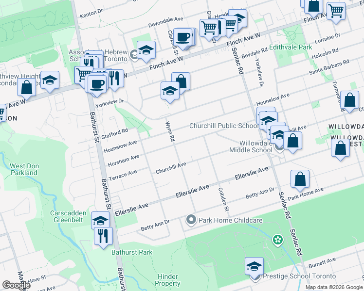 map of restaurants, bars, coffee shops, grocery stores, and more near 349 Horsham Avenue in Toronto