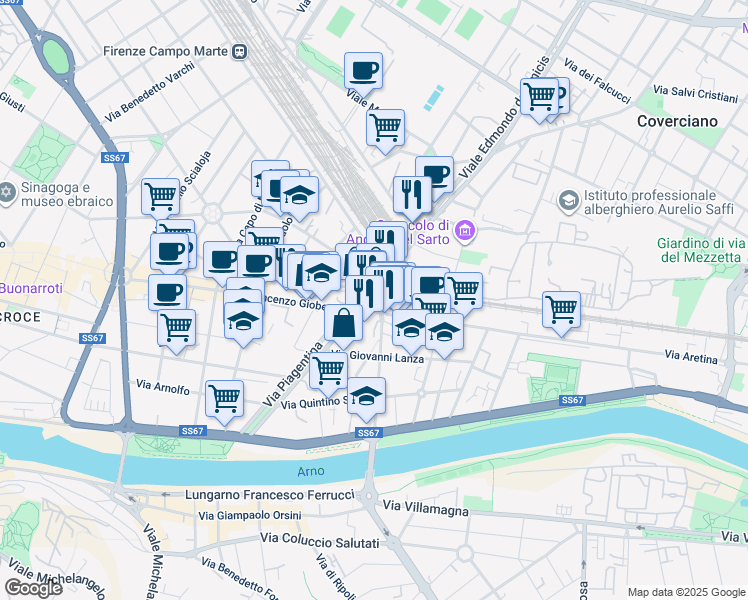 map of restaurants, bars, coffee shops, grocery stores, and more near 21 Piazza Leon Battista Alberti in Florence