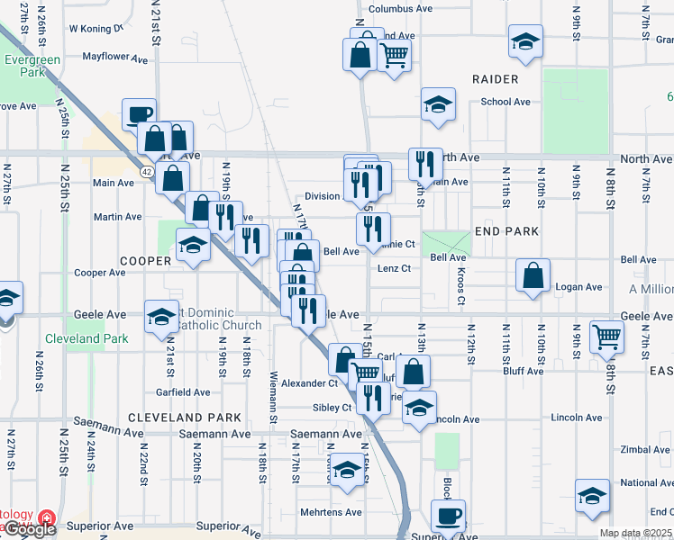 map of restaurants, bars, coffee shops, grocery stores, and more near 1535 John Court in Sheboygan