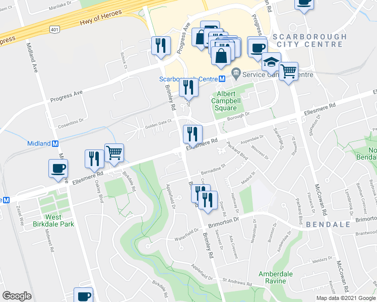 map of restaurants, bars, coffee shops, grocery stores, and more near 1401 Ellesmere Road in Toronto