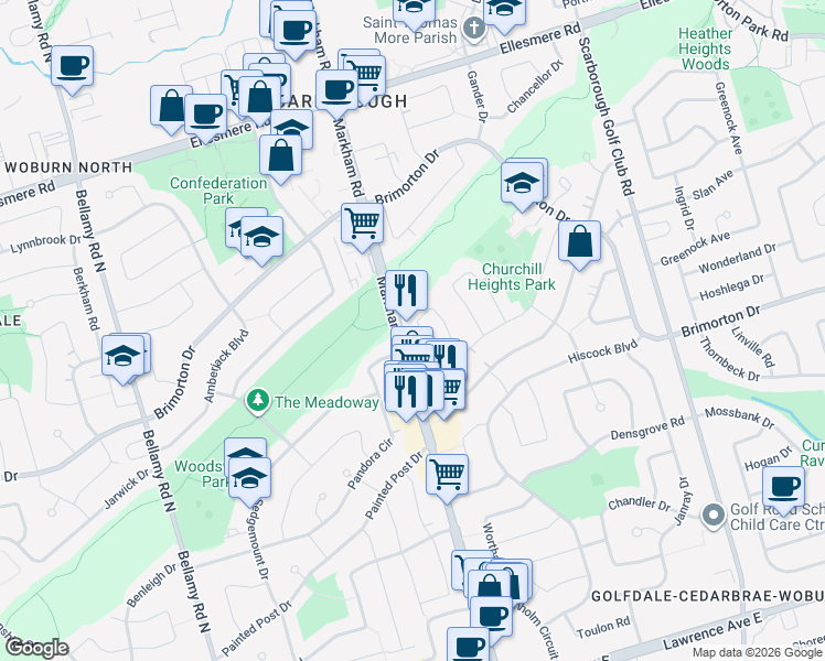 map of restaurants, bars, coffee shops, grocery stores, and more near 24 Bailey Crescent in Toronto