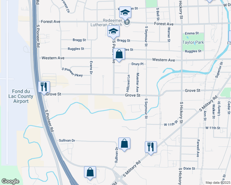 map of restaurants, bars, coffee shops, grocery stores, and more near 661 Grove Street in Fond du Lac