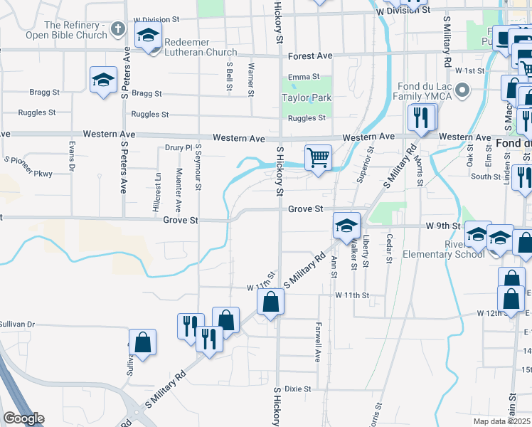 map of restaurants, bars, coffee shops, grocery stores, and more near 430 Grove Street in Fond du Lac