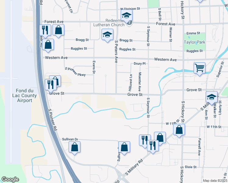 map of restaurants, bars, coffee shops, grocery stores, and more near 661 Grove St in Fond du Lac