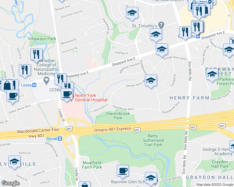 map of restaurants, bars, coffee shops, grocery stores, and more near 4 Quincy Crescent in Toronto