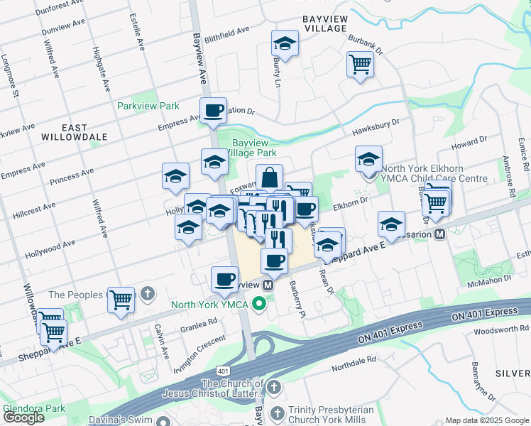 map of restaurants, bars, coffee shops, grocery stores, and more near 8 Bayview Mews Lane in Toronto