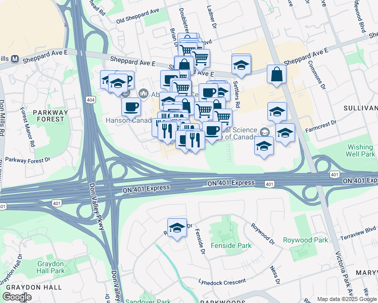 map of restaurants, bars, coffee shops, grocery stores, and more near in Toronto
