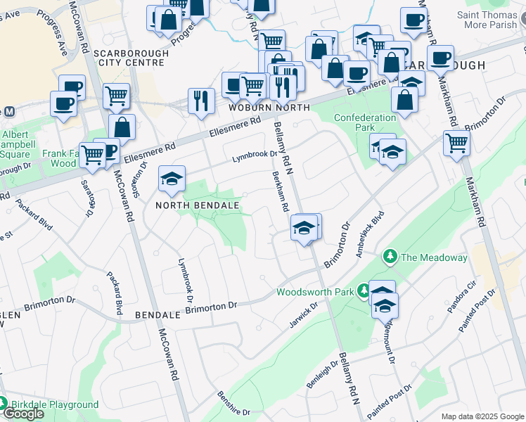 map of restaurants, bars, coffee shops, grocery stores, and more near in Toronto