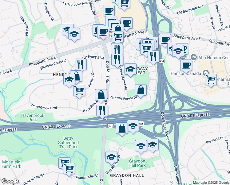 map of restaurants, bars, coffee shops, grocery stores, and more near 10 Parkway Forest Drive in Toronto