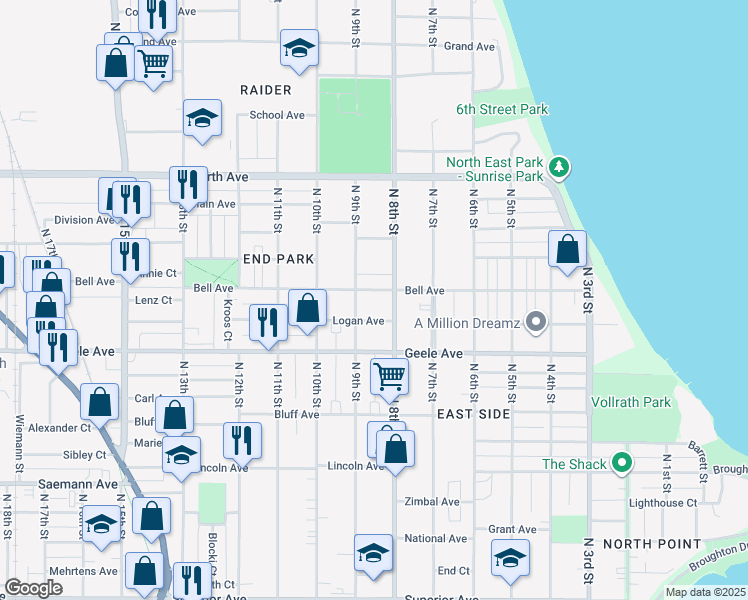 map of restaurants, bars, coffee shops, grocery stores, and more near 821 Bell Avenue in Sheboygan