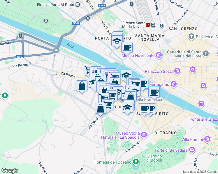 map of restaurants, bars, coffee shops, grocery stores, and more near 145 Via Lunga in Firenze