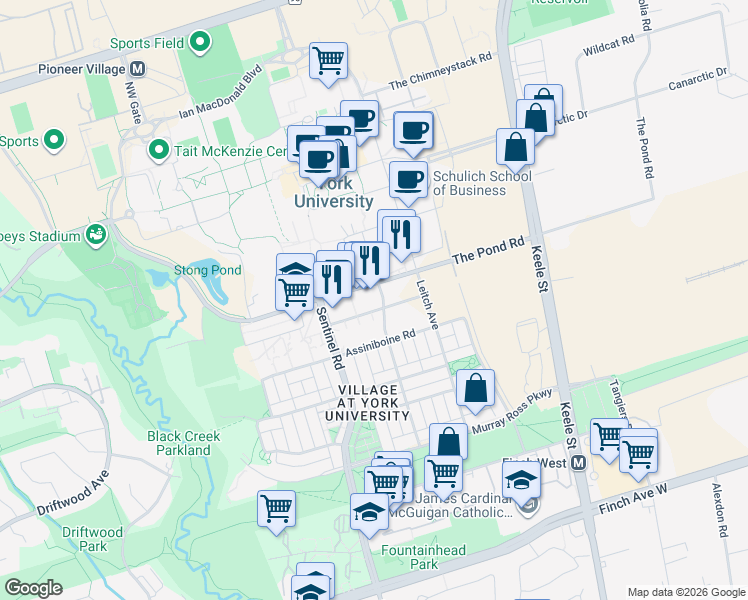 map of restaurants, bars, coffee shops, grocery stores, and more near 95 The Pond Road in Toronto