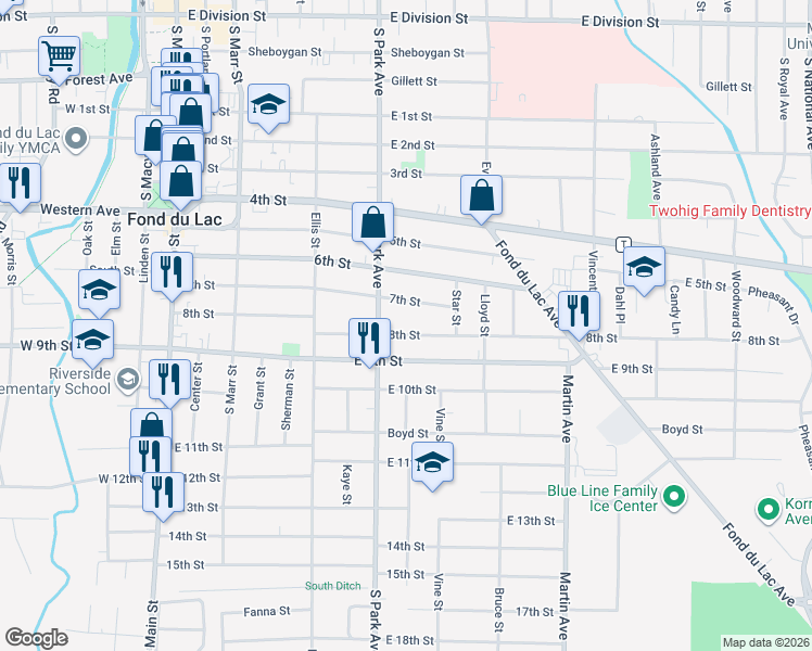 map of restaurants, bars, coffee shops, grocery stores, and more near 221 8th Street in Fond du Lac