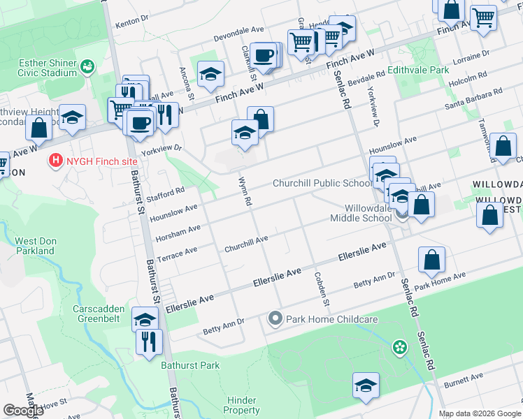 map of restaurants, bars, coffee shops, grocery stores, and more near 349 Horsham Avenue in Toronto