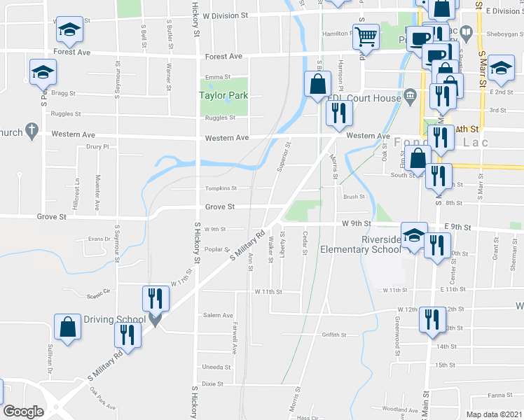 map of restaurants, bars, coffee shops, grocery stores, and more near 334 Superior Street in Fond du Lac