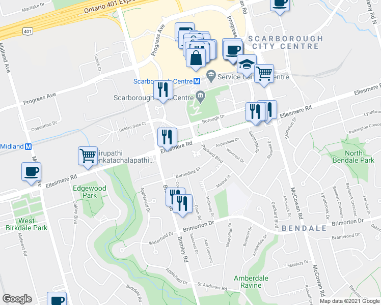 map of restaurants, bars, coffee shops, grocery stores, and more near 16 Gable Place in Toronto
