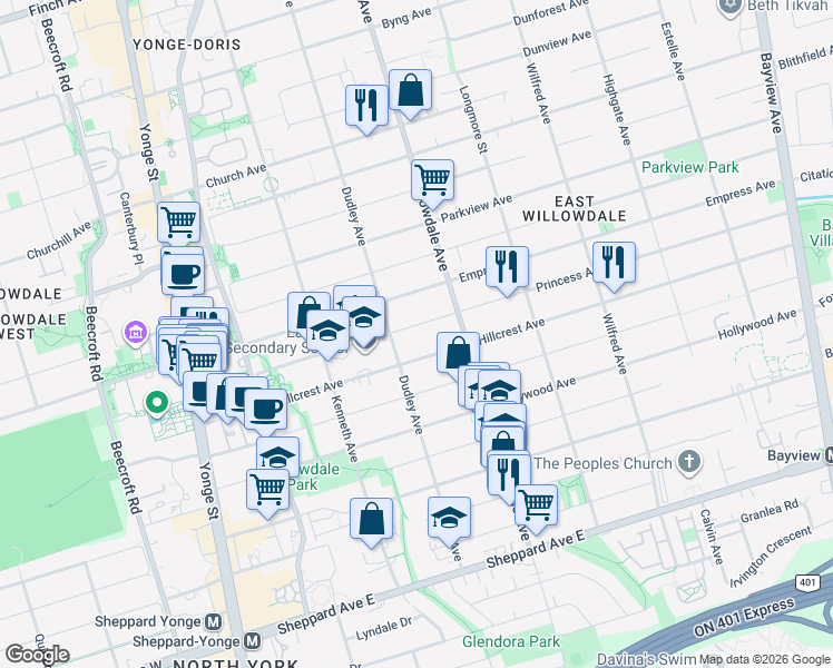 map of restaurants, bars, coffee shops, grocery stores, and more near 173 Princess Avenue in Toronto