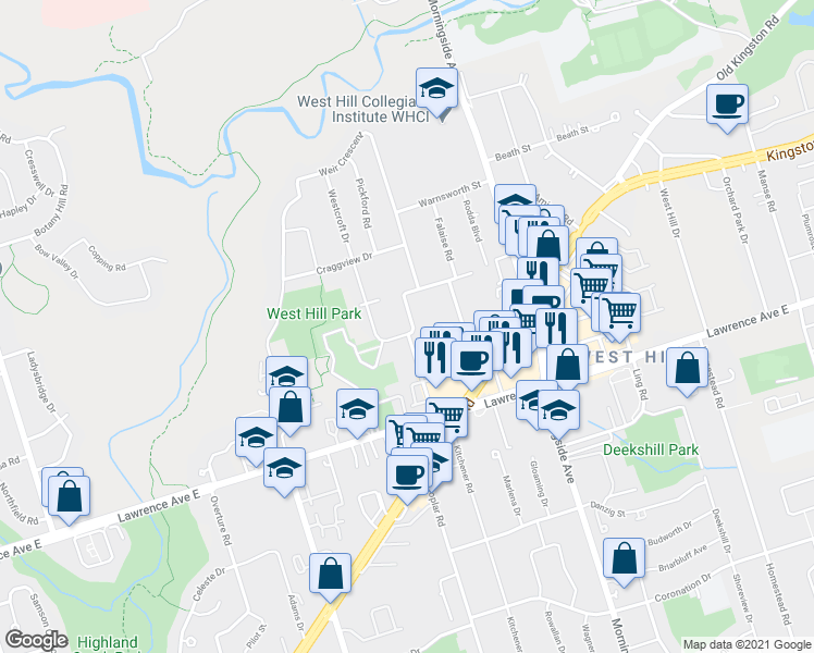 map of restaurants, bars, coffee shops, grocery stores, and more near 1 Westcroft Drive in Toronto