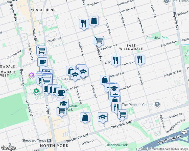 map of restaurants, bars, coffee shops, grocery stores, and more near 173 Princess Avenue in Toronto